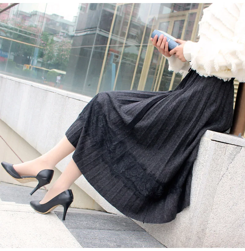 Autumn Women Elasticity High Waist Long Pleated Skirt Female Clothing Fashion Patchwork Sashes saias midi para as mulheres
