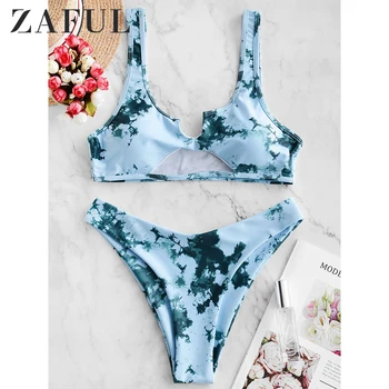 

ZAFUL Women V-Notch Tie Dye Cutout High Cut Bikini Swimsuit Scoop Neck High Cut Bikini Sets 2020 Fashion Summer Beach Swimwear