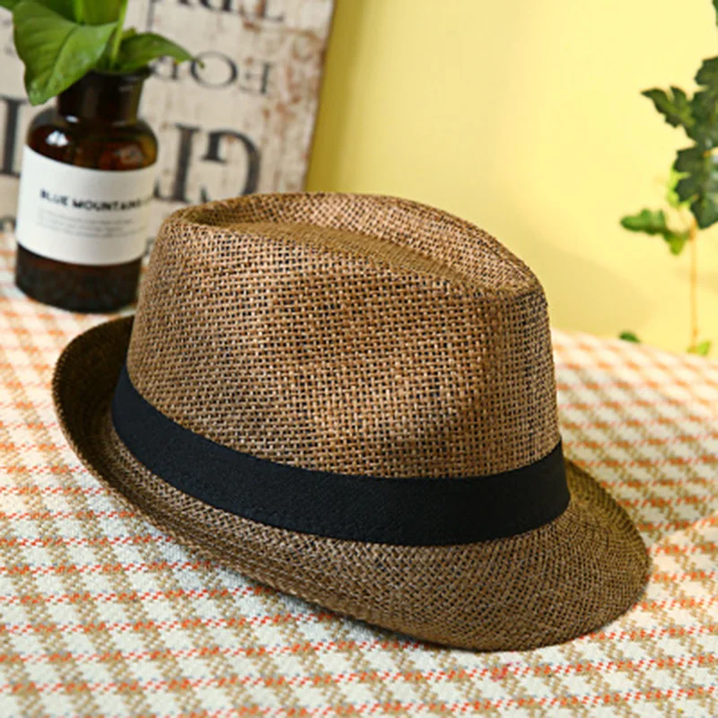 Men's Sun Hat Simple Linen Breathable Refreshing Hat Summer Travel Sunscreen Sun Ribbon Decoration Foldable Straw F58