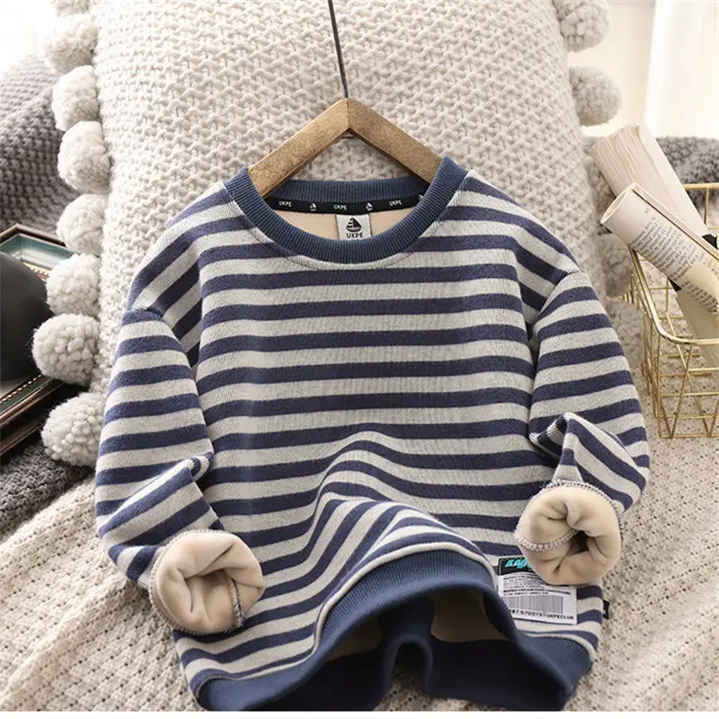 Boys' Fleece-Lined Sweater New Children's Stripe Thickening Warm Medium and Big Children's Boy Bottoming Shirt Long-Sleeved Top kids sweater kids hoodie sweatshirts