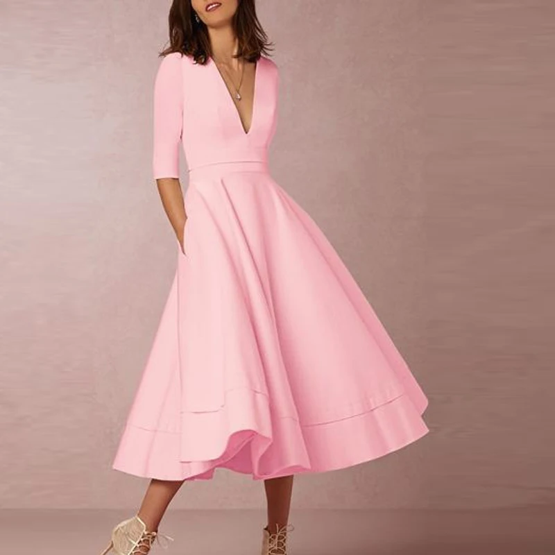 Элегантное ТРАПЕЦИЕВИДНОЕ белое Макси-платье с v-образным вырезом и рукавом до локтя, простое сексуальное длинное платье для ночного клуба, однотонное женское офисное Повседневное платье - Цвет: Розовый