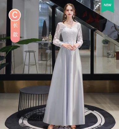 grey C Новинка, кружевное платье подружки невесты цвета шампанского, атласное, несравненное, с цветочной аппликацией, элегантное платье для выпускного вечера, для свадебной вечеринки, vestido longo - Цвет: grey C