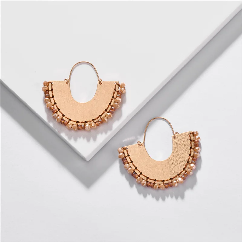 Gold Color Cryatsl Beads Earrings for Women Unique Fan Shaped Handmade Earring Bohemian Delicate Earing Wedding Jewelry