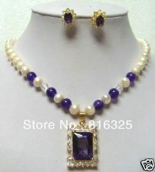 Fast +Freshwater pearl amethyst pendant necklace earring set (A0516) | Украшения и аксессуары
