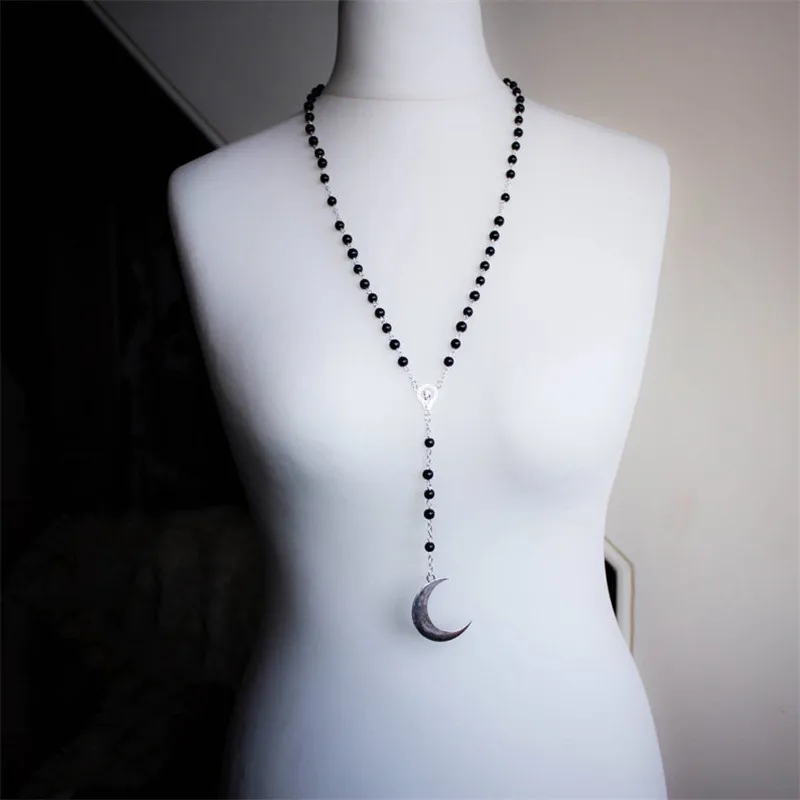 Black Beaded Rosary Necklace, Gothic Crescent Long Necklace, Witch Pagan Moon Phase Jewelry, Ladies Gift Fashion Jewelry