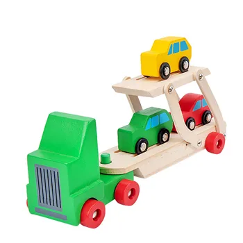 

2021 Wooden Double Layer Trailer Carrier Truck Model Car Toy Set Gift for Children железная дорога машинки для мальчиков машинки