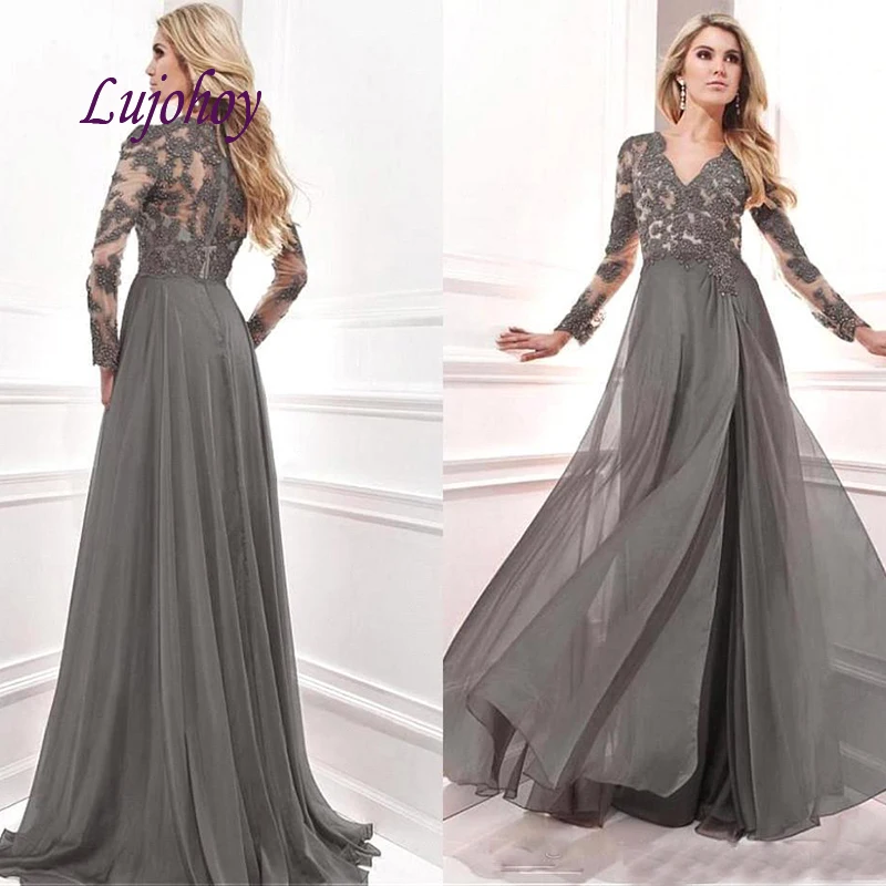 Lange Mouwen Moeder van de Bruid Jurken Plus Size voor Bruiloften Lace Grijs Godmother Bruidegom Diner Avond Jurken Lange Mouwen Moeder van de Bruid Jurken Plus Size voor Bruiloften Lace Grijs Godmother Bruidegom Diner Avond Jurken