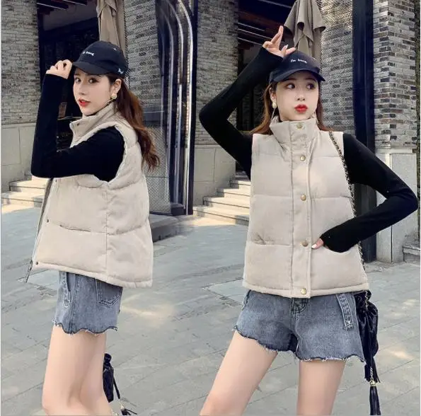 corduroy Autumn Winter Women Vest Fashion Down Cotton Waistcoat Female Stand-Collar Slim Button Short Vest Mujer M063 - Color: Beige White