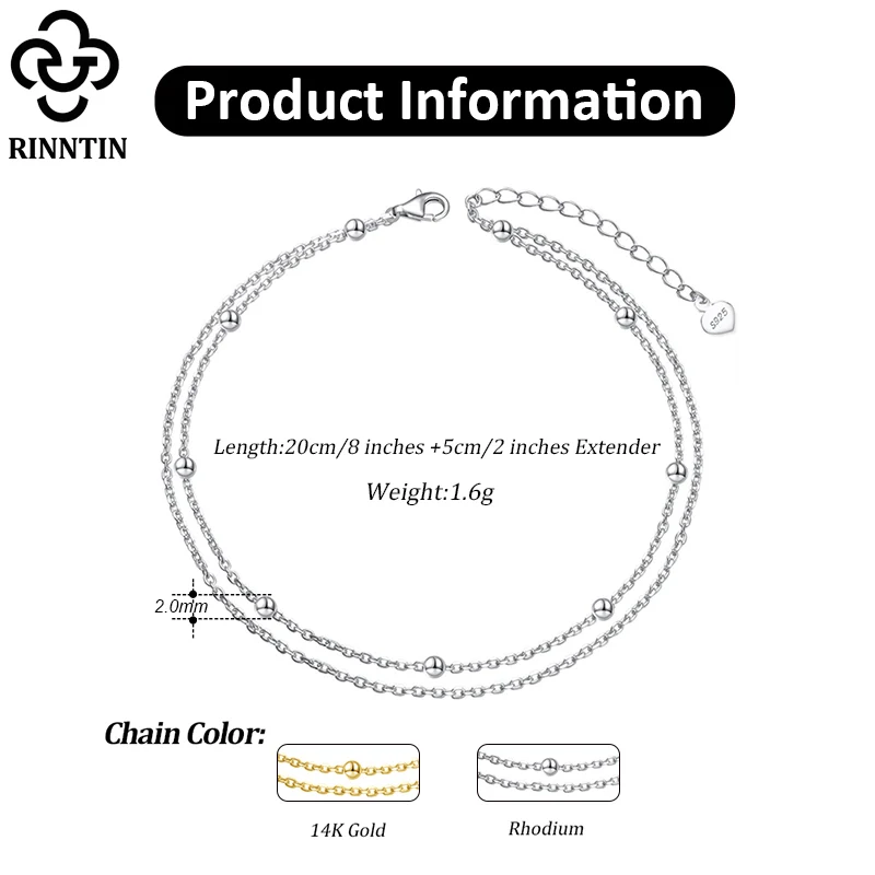 Rinntin 925 Silver Double Layered Satellite Chain Anklet for Women Summer Foot Chain Bracelet Fashion Ankle Straps Jewelry SA14