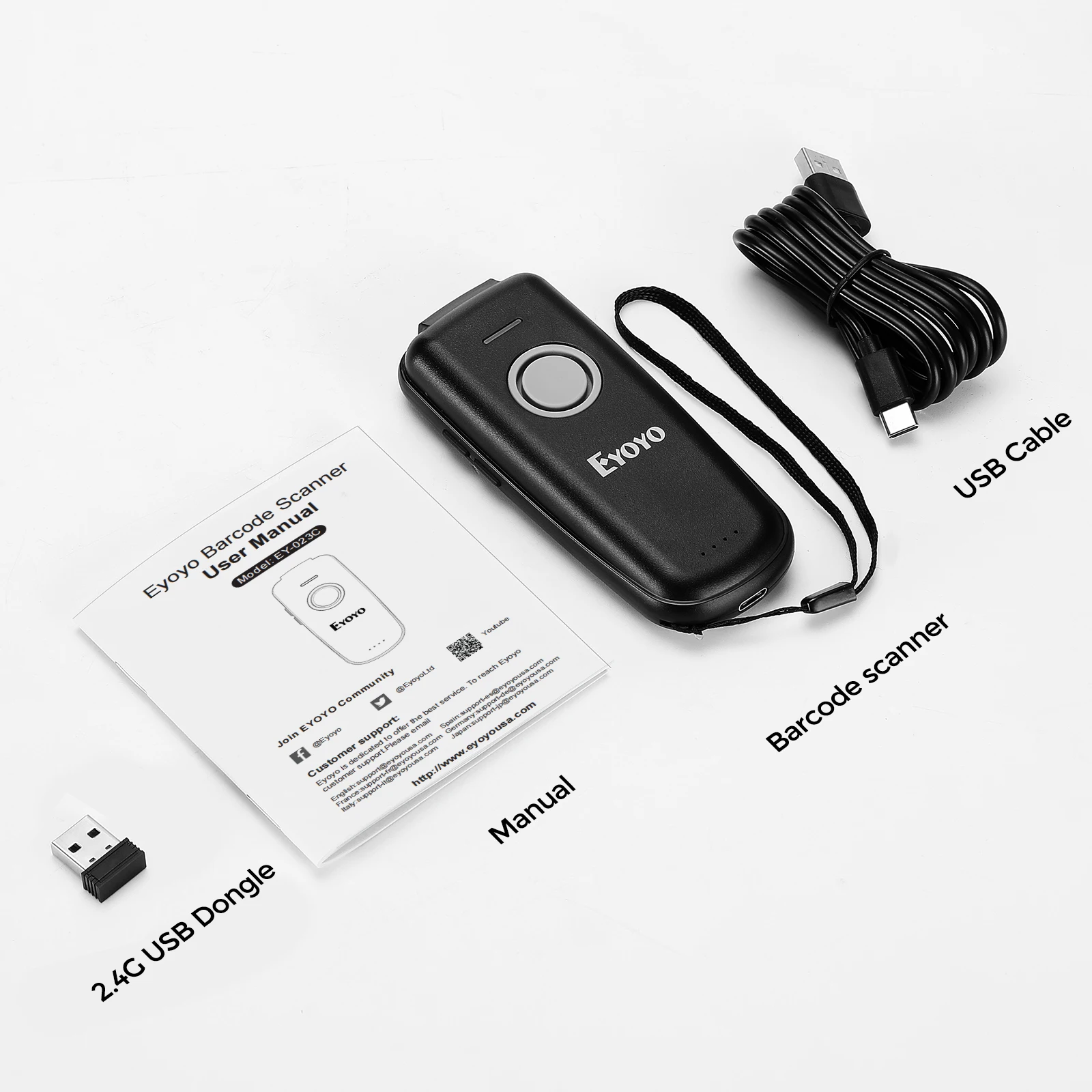 Eyoyo Mini 1D Barcode Scanner Bluetooth & 2.4GHz Wireless & Wired Connection Portable Bar code Reader For Windows/Phones/Tablets