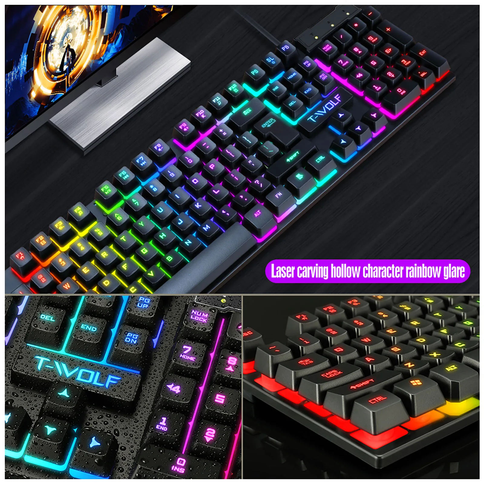 Fashion TF200 Rainbow Backlight Usb Ergonomic Gaming Keyboard and Mouse Set Gaming keyboard Wired Gaming Mouse Kit 104 Keycaps