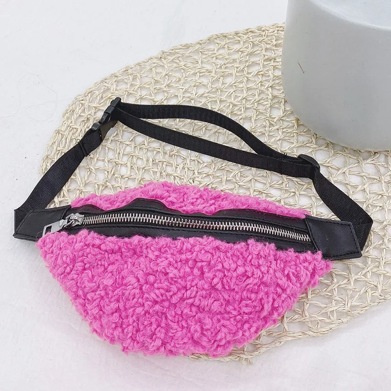Ярко-розовый Monsisy Fanny Packs для девочек, поясная сумка, Детская шерстяная нагрудная сумка, Kawaii, зимний однотонный кошелек для телефона, кошелек для путешествий, поясная сумка - Цвет: Ярко-розовый