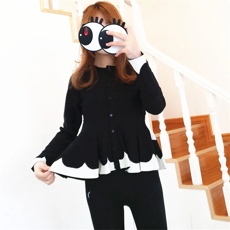 ^*Best Offers Women Autumn Fashion Ruffled Hem Sweaters Color Contrast Single-breasted Knit Cardigan Tops O Neck Elegant Retro Sweater Jumpers