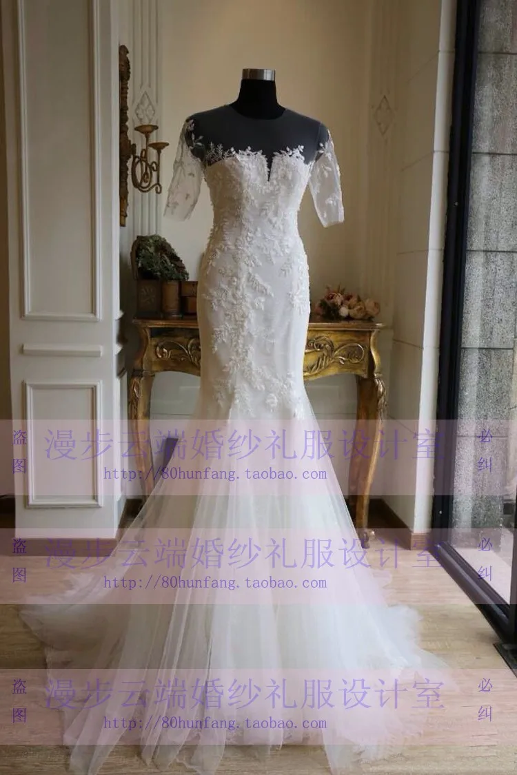 Кружевные Аппликации vestido de noiva robe de mariee романтическая Половина рукава Русалка свадебное платье