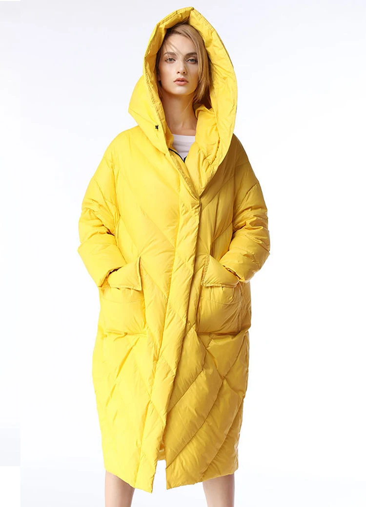 Коллекция года, Длинная зимняя куртка-пуховик на белом утином пуху женские синие/Желтые Куртки модные свободные пуховые пальто с капюшоном для девочек теплое пальто для девочек