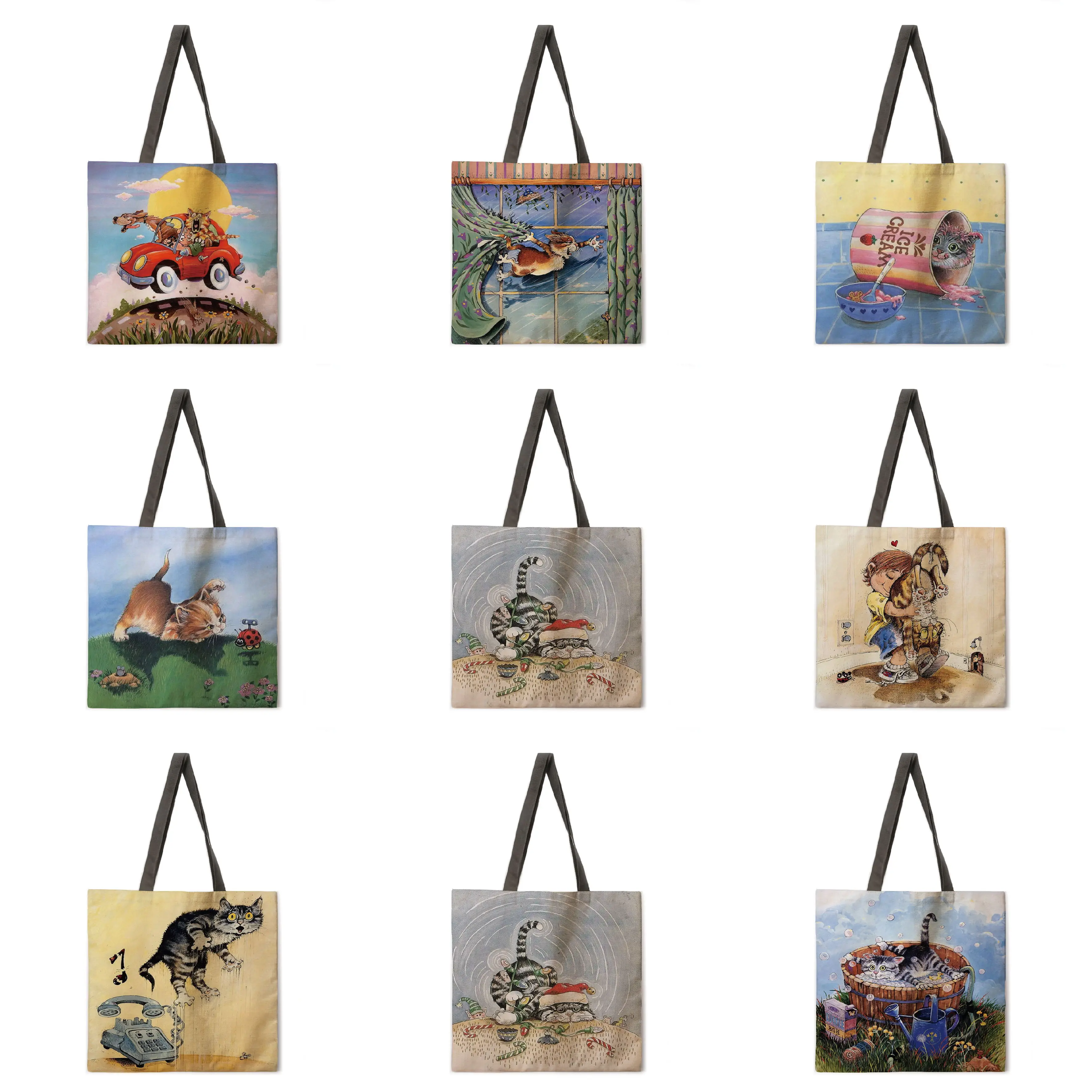 

Funny cat painting print tote bag female casual portable lady shoulder bag foldable shopping bag outdoor beach bag