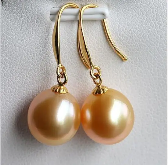 

HUGE a pair 10-11mm south sea genuine gold pink round pearl dangle earrings 14k