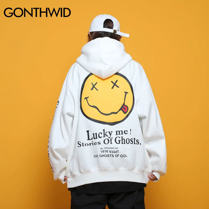 GONTHWID Lucky Me Smile Face Print Fleece Hooded Sweatshirts Hoodies Harajuku Fashion Casual Pullover Tops Streetwear Hip Hop