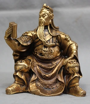 

free shipping 5 " Chinese Brass sit Guan Gong read a book Yu Warrior God Statue sculpture