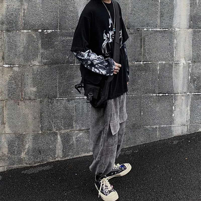 NiceMix Harajuku/футболка с принтом тыквы и буквами; Поддельные 2 штуки; Лоскутная Повседневная футболка с длинными рукавами; женская и Мужская Уличная одежда; топы
