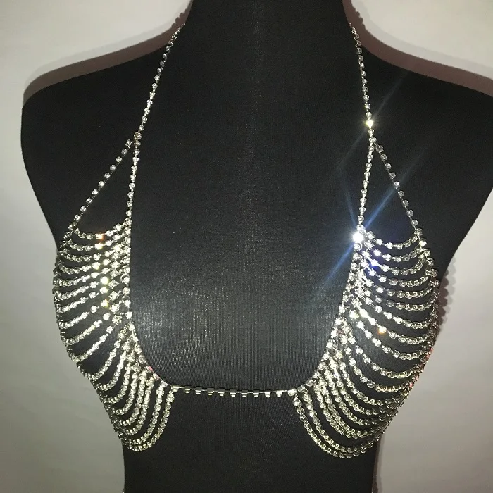 Design 2 Золотые, серебряные, на цепочке для тела, сексуальные, прозрачные, блестящие, с бриллиантами, металлический бюстгальтер, укороченный топ, вечерние, для ночного клуба, женские, модные, на цепочке для тела - Окраска металла: Design 2