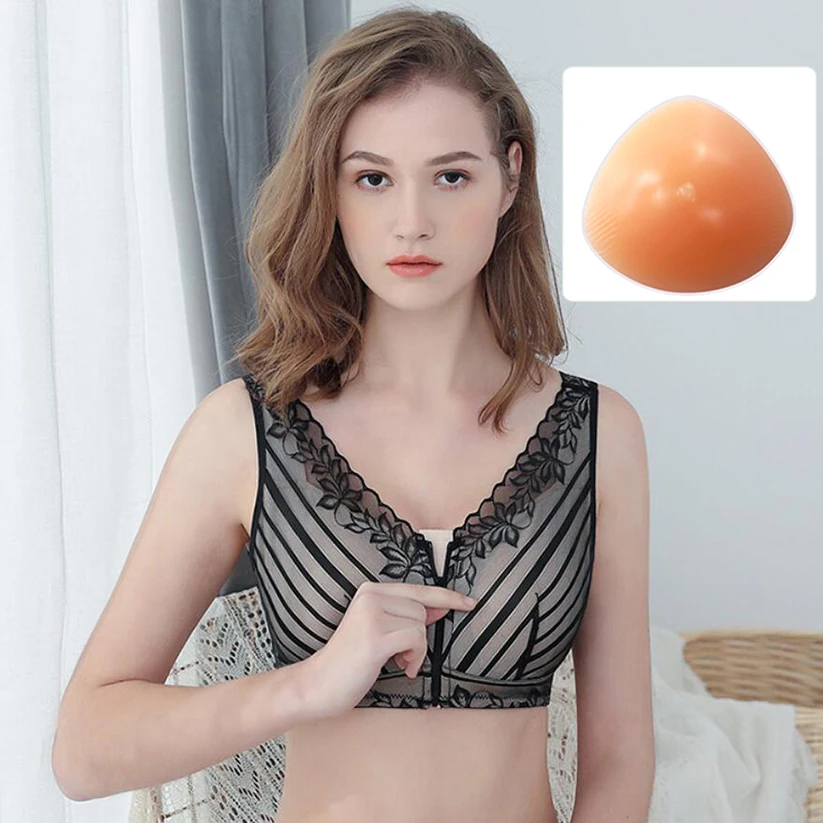 Mastectomy Bra Pocket Bra 90C for Silicone Breast Prosthesis Breast Cancer  Women Artificial Boobs Front Zipper Bra D30