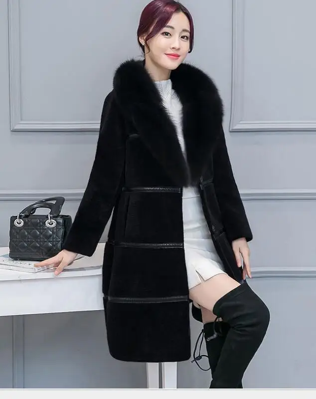 Genuo, новинка, пальто из искусственного меха для женщин, зимние женские пальто из овчины, чистый цвет, воротник из искусственного лисьего меха, застежка-молния, мех размера плюс