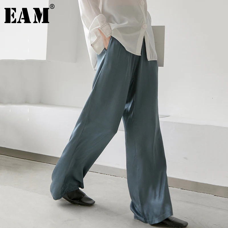 [EAM] синие свободные длинные широкие брюки с высокой эластичной талией, новые свободные брюки для женщин, модные весенне-осенние 1D581