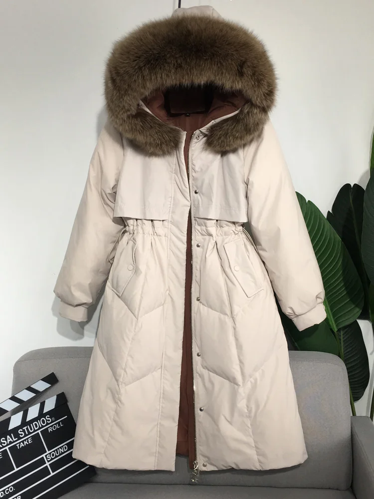 3XL Большие размеры, натуральный Лисий мех, воротник с капюшоном, 90% утиный пух, пальто женские зимние, отличное качество, толстые теплые длинные, тонкие пуховики