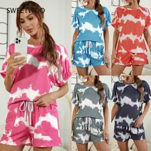 Aliexpress - Fashion Women Summer Casual Loose 2 Piece Set Dratstring Design Pockets Decor Tie-Dye Print Shorts+O-Neck Short Sleeve Top