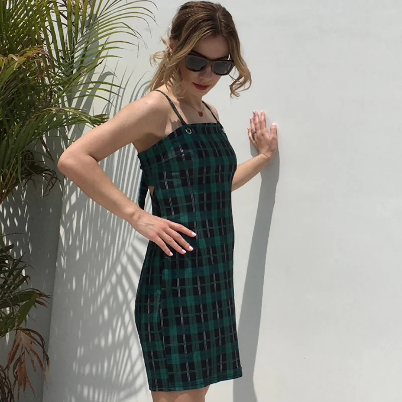 SUSOLA Green Plaid Bodycon Dress Women 