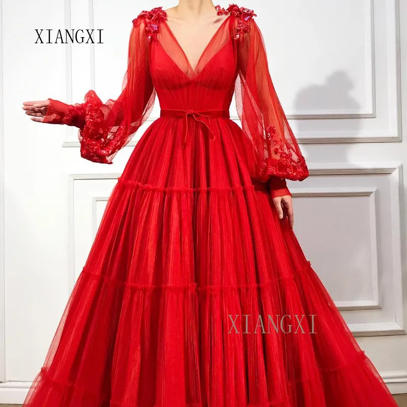 

Abendkleider Red Evening Dresses Tulle A-Line V-Neck Full Sleeves Sequin Flower Appliques Long Evening Dress robe de soiree