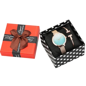 

3pc/set Bangle Watch Set Sky Blue Scrub Dial Quartz Wristwatch Rose Gold Crystal Open Cuff Charm Bangle Clock Box Sets for Women