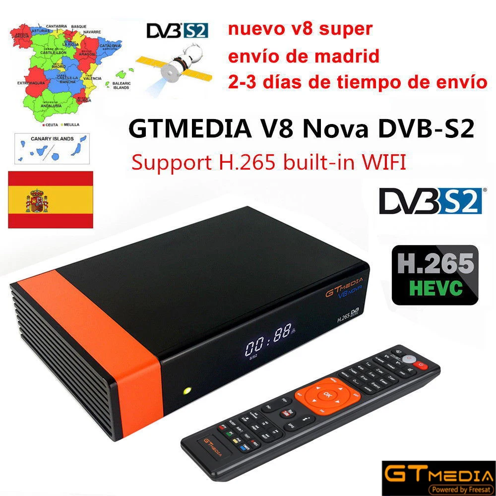 

GT Media V8 Nova DVB-S2 Freesat V7s hd Satellite Receiver H.265 Built-in WIFI+1 Year Europe Spain CCcam New Version of V8 Super