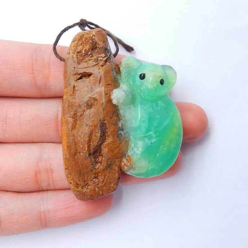 Natural Stone Chrysoprase Hand Carved Koala Pendant 50x36x15mm 25g Green Color Jewelry Accessories | Украшения и аксессуары