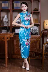 Длинное сексуальное платье Ципао Классическая атласная Cheongsam для женщин воротник стойка Элегантные повседневные платья винтажные