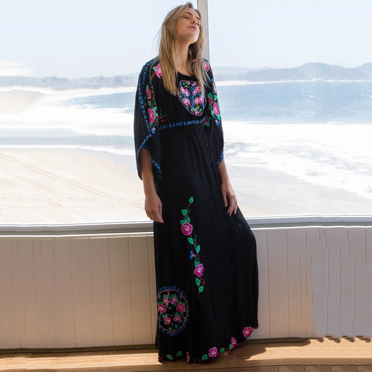 Boho шикарное вышитое платье с круглым вырезом и рукавами «летучая мышь», свободные женские платья, повседневное пляжное макси платье, летние платья Vestido