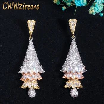 

CWWZircons 3 Tone Gold Silver Color Cubic Zirconia Pave Geometry Drop Earrings Female Wedding Party Accessories Jewelry CZ734