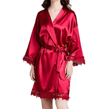 

Bath Robe For Women Kimono Robe Simulation Silk Solid Long Sleeve High Waist Sleepwear With Belt Sexy Lingerie Bridesmaid Gift