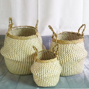 

1PC Handmade Storage Basket Rattan Straw Basket Wicker Seagrasss Folding Laundry Flower Pot Flower Vase Home Hanging Basket