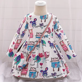 

Long Sleeve Dress Girl Christmas Dress 2019 Autumn Winter Floral Print Toddler Girl Dresses Kids Clothes Children Dress with Bag
