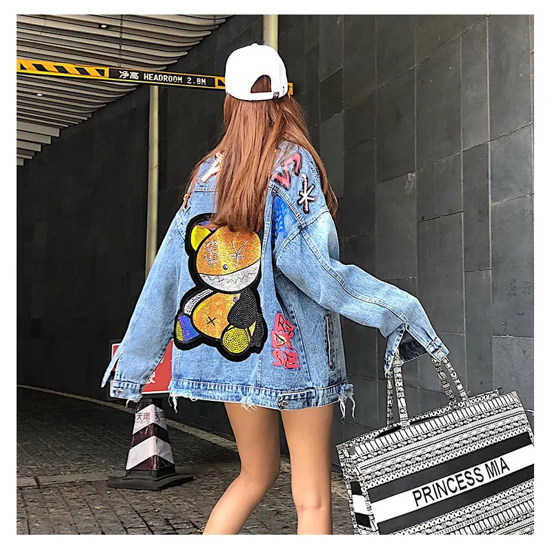 

Women's Funny Bear Pattern Diamonds Denim Coats and Jackets,BF Style Loose Havey Decor Oversize Jean Jacket Street Style Clothes