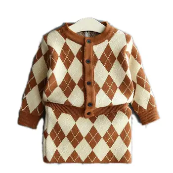 

2020 baby girl sweater children checked knitted cardigan jacket + skirt long-sleeved two-piece