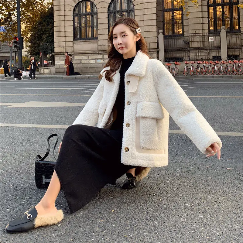 Tanie Дубленка женская koreański mody gruba kurtka z wełny 2023 ciepła damska zimowa sklep