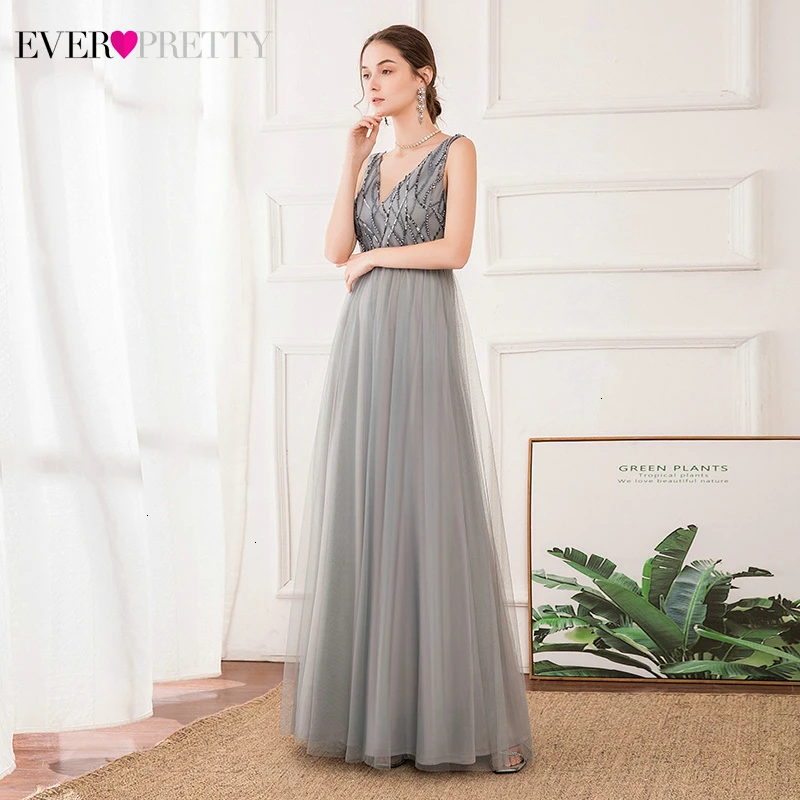 

Elegant Grey Prom Dresses Ever Pretty Sequined A-Line Deep V-Neck Sleeveless Tulle Sparkle Long Party Gowns Vestido Formatura