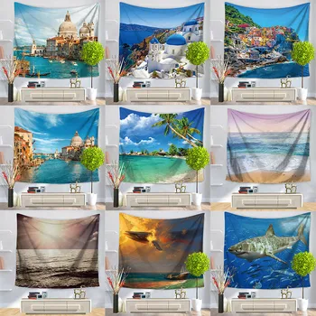 

Hongbo Beautiful Sea View Sea Waves Shark Wall Hanging Tapestry Beach Towel Sunshine Decorate Living Room Office