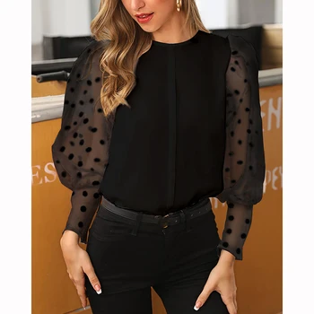 

Women Vintage See Through Polka Dot Print Women T-shirt Long Sleeve O-neck Tops