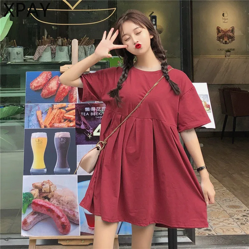 

Summer Elegant Streetwear Simple All-Match Leisure New Loose Chic Lovely Sweet Harajuku Dress Women Short Sleeve Solid Womens