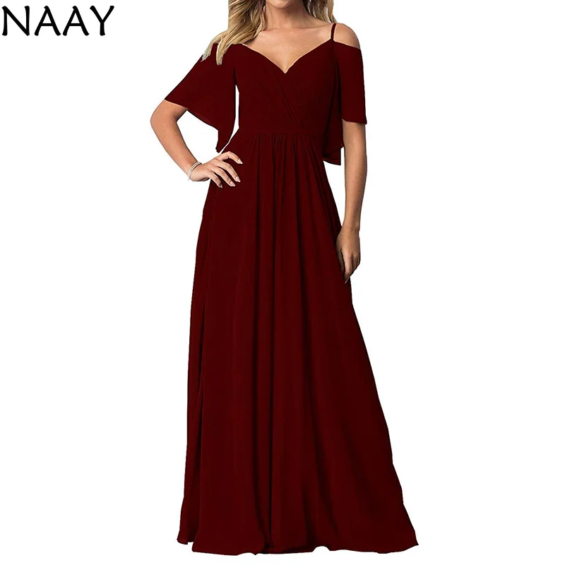 

NAAY Women's Off The Shoulder Prom dress 2020 Chiffon Long Spaghetti Straps Bridesmaid Dress Formal Evening Gown with Sleeves