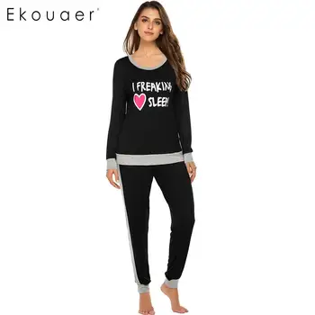 

Ekouaer Women Winter Sleepwear Pajamas Sets Round Neck Long Sleeve Letter Print Tops Long Pants Pajama Lounge Home Suits